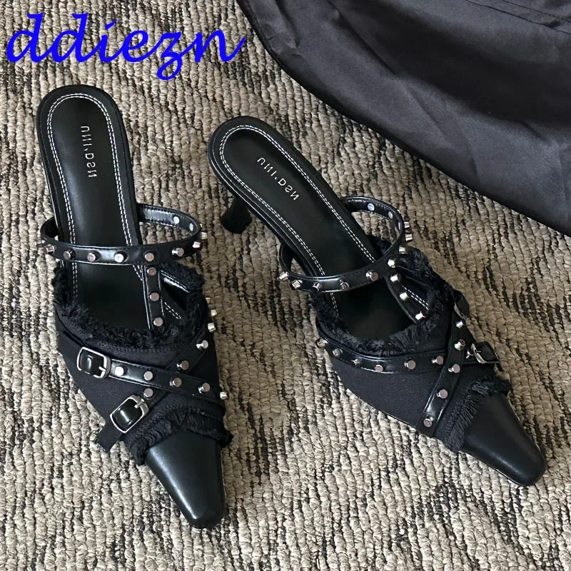 

Elegant Female Slides High Heels Mules For Women Rivet New In Shoes Outdoor Fashion Pointed Toe Ladies Heeled Sandals Shoes