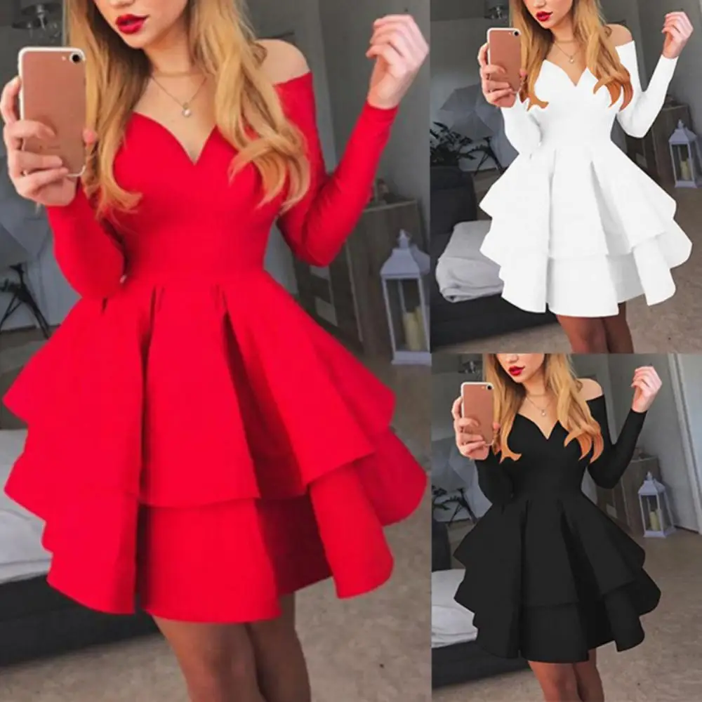 

Elegant Long Sleeve Dress Off Shoulder Mini Dress Women Mini V Neck Large Swing Ruffled Hem Dress