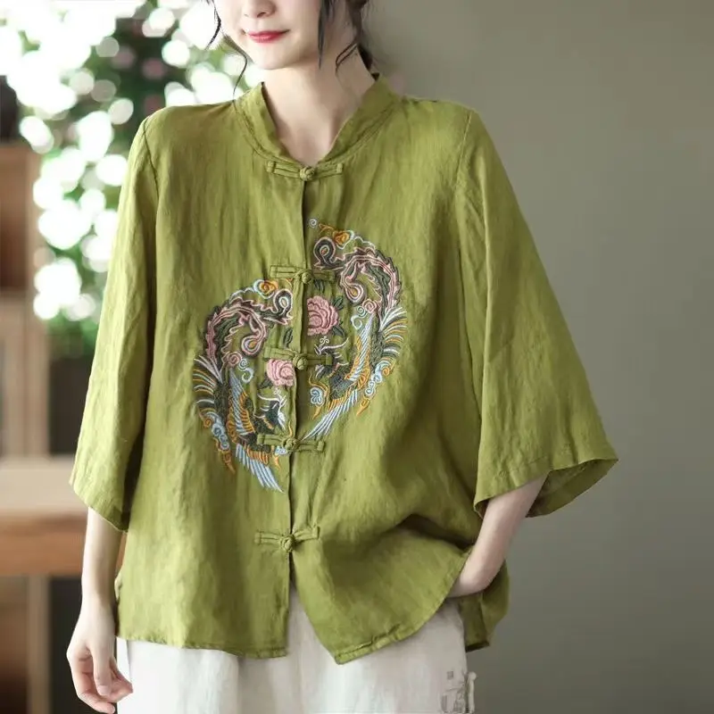 2023 Spring Summer Vintage Elegant Stand Collar Single Breasted Shirt Women Chinese Style Embroidered Frog Loose Cotton Hemp Top