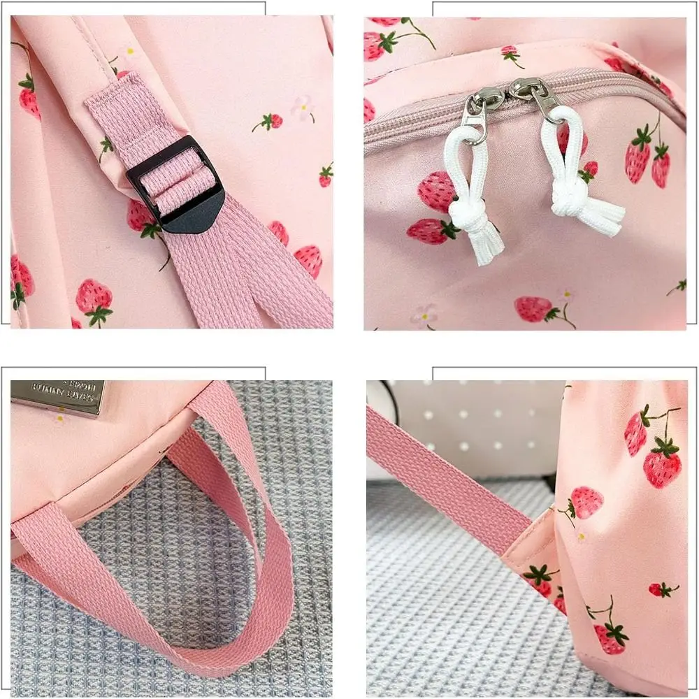 Oxford Cloth Strawberry Backpack Large Capacity Adjustable School Bag Preppy Style with Lunch Bag & Pencil Case Travel Backpack 2