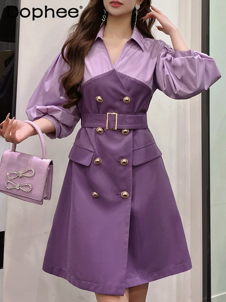 

French Style V-neck Commuting Double Breasted Shirt Style Women Dress 2024 Spring New Elegant Purple Lantern Sleeve Belt Dresses