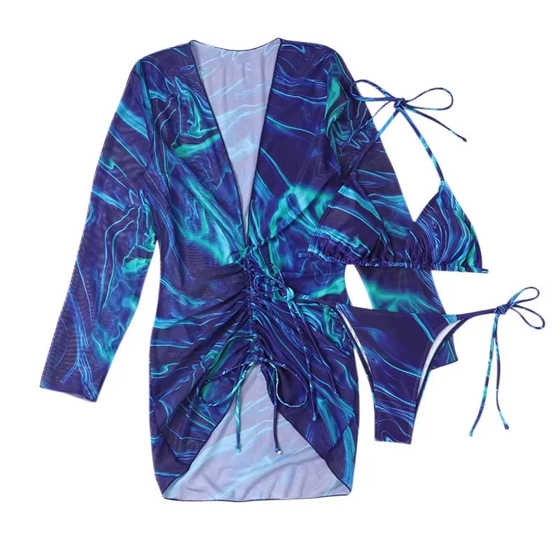 Sexy Bikini Set Women Thong Blue Tie Dye Gradient 3-Piece Swimwear Long Sleeve Pleated Dress Swimsuit Beach Bathing Suit Cover