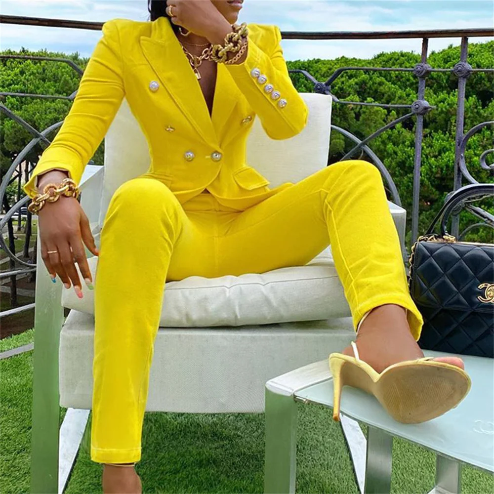 Chic Women's Suit 2023 New in Female Double Dreasted Blazers + Trouser 2 Piece Set Office Lady Business Suit Formal Pant Sets
