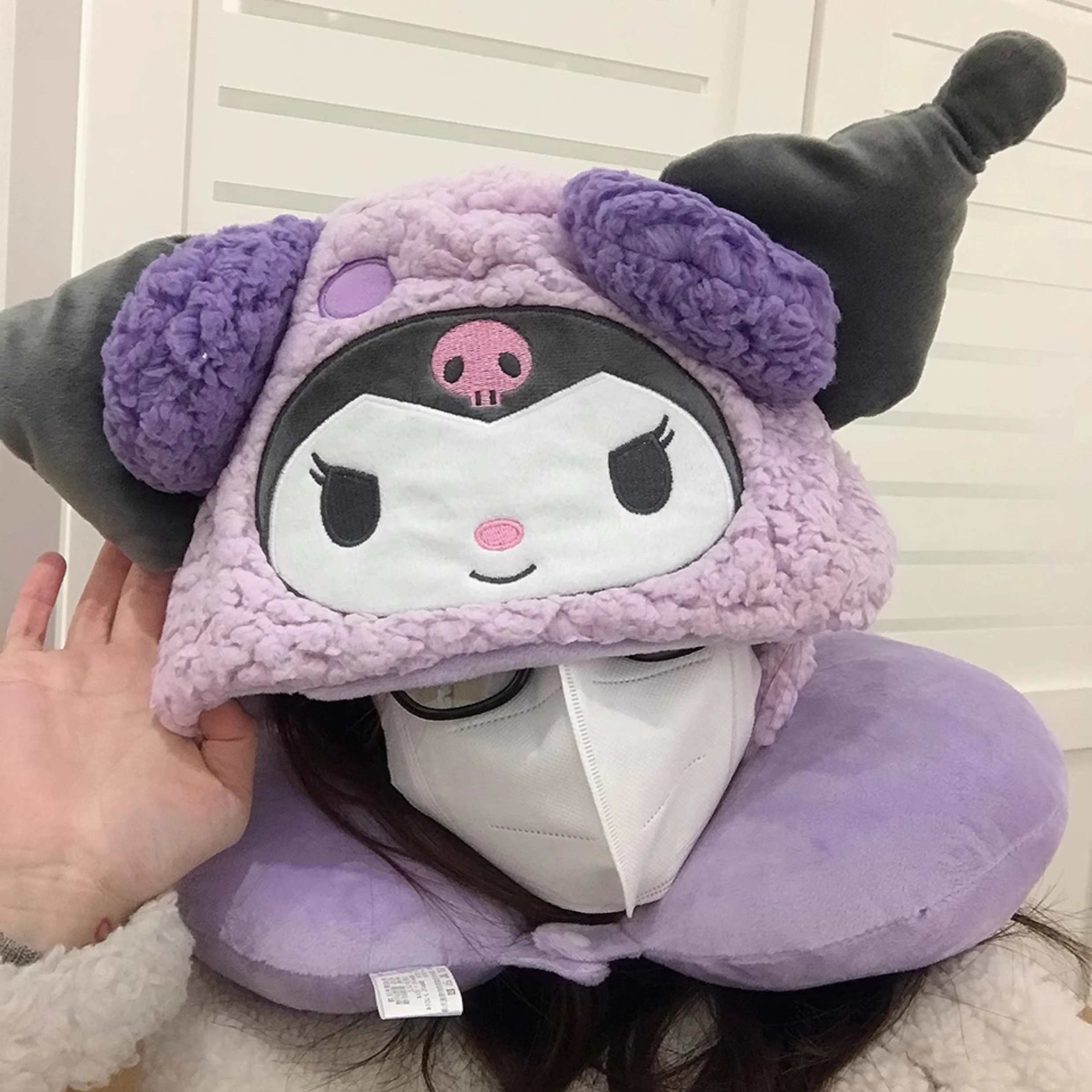 Cartoon Kuromi U-shaped Hooded Neck Pillow My Melody Hello Kitty Travel Blackout Nap Pillow With Hat Office Girl 6