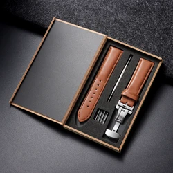 Elegant Genuine Leather Watchband with Butterfly Buckle - Premium Wrist Strap for Men and Women in Gift Box (LightBrown - Silver)