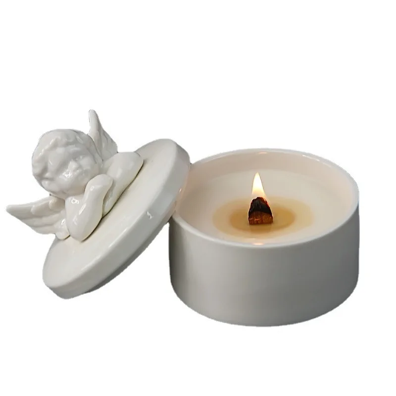 Angel sculpture Cup Vintage ceramic wood candle wick scented candle. Hand gift ambiance aromatherapy adornment