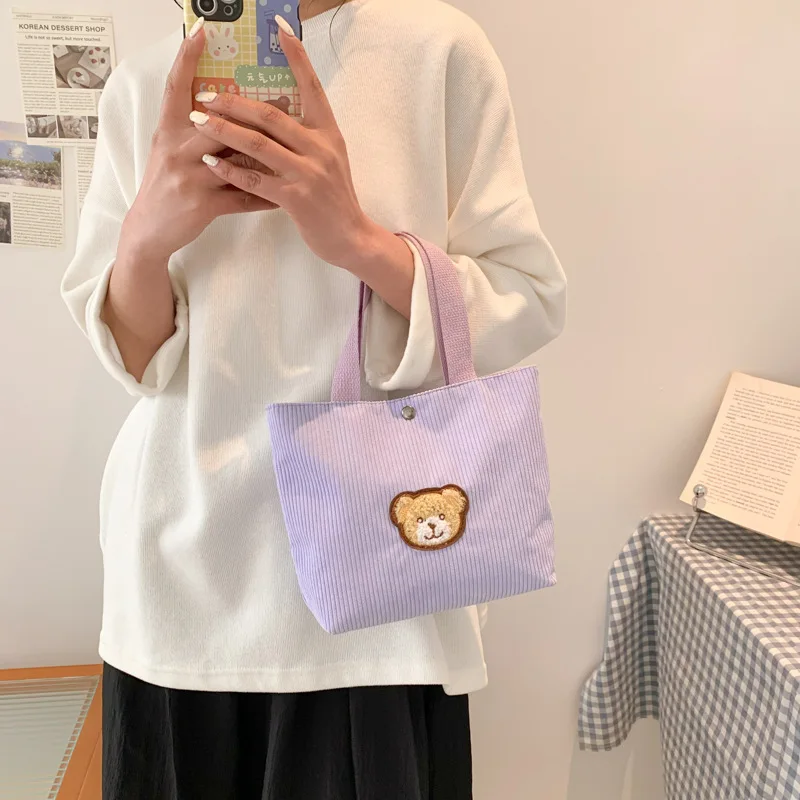 Women Small Corduroy Lunch Bag Eco Canvas Portable Bear Pattern Tote Bags Mini Students Bento Picnic Food Bag Travel Handbags