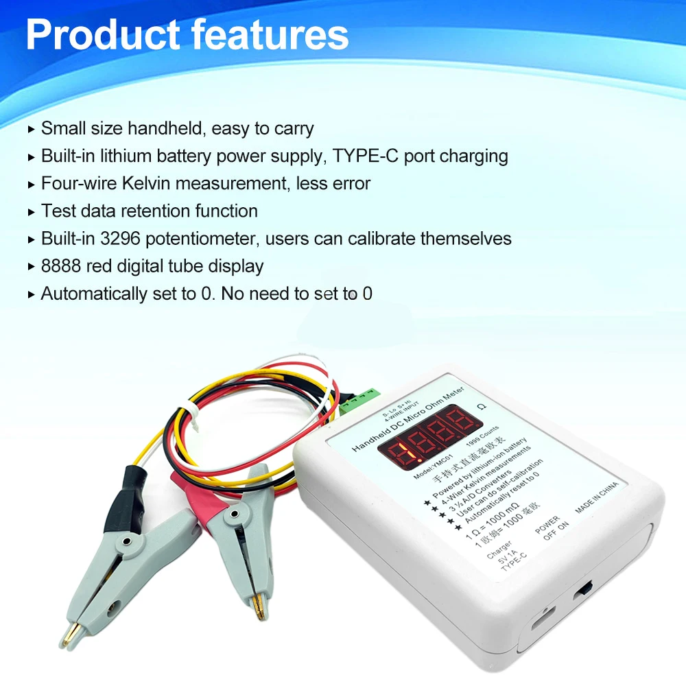 YMC01 Handheld DC Milliohmmeter Low Resistance Tester Meter Four Wire Kelvin Measurement Rechargeable