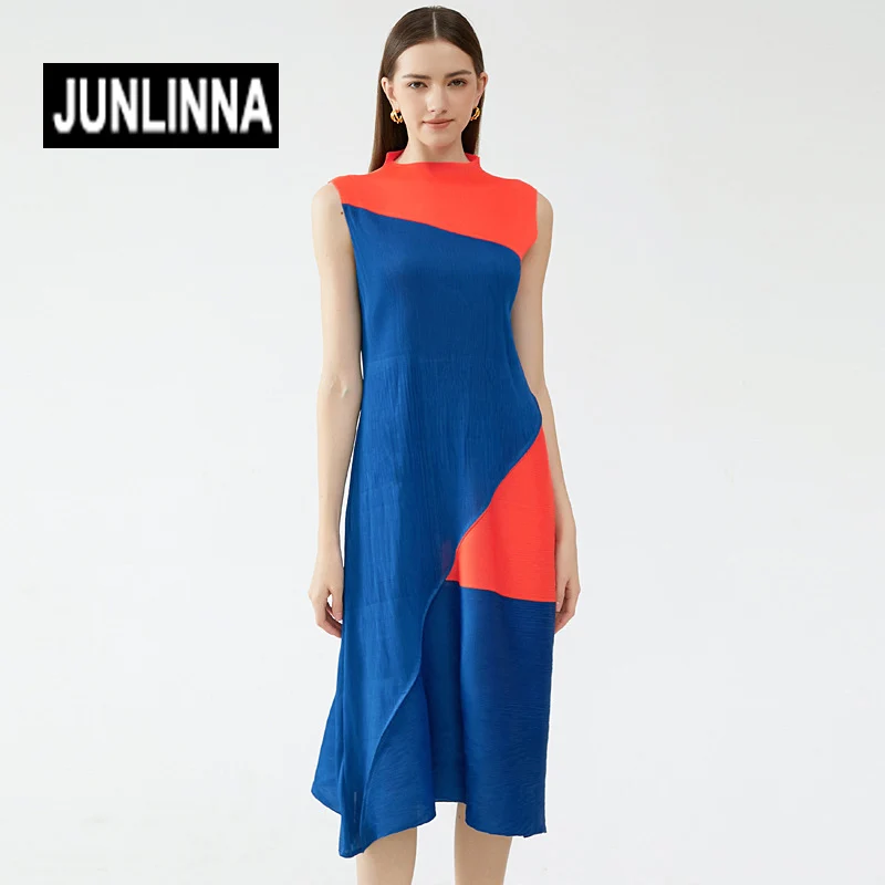 

JUNLINNA One Size Pleated Dresses Summer Women Half High Collar Sleeveless Patchwork Colours Strecth Midi Vestidos
