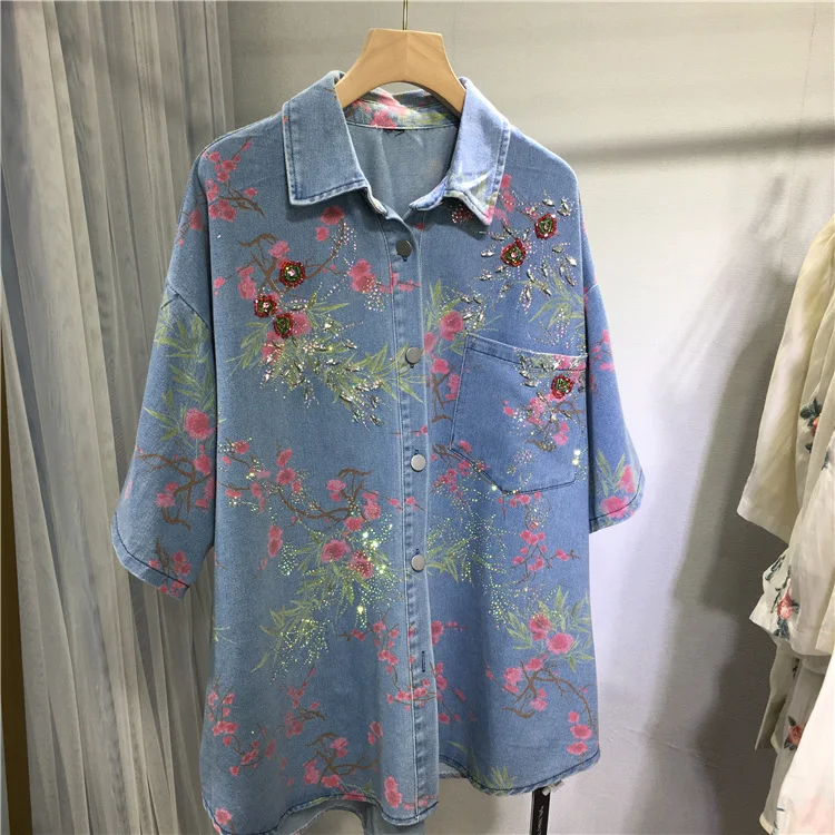 

Floral Printing Women Denim Cardigans Coat 2024 New Spring Summer All-match Loose Short Sleeve Shirts Mid-long Casual Tops