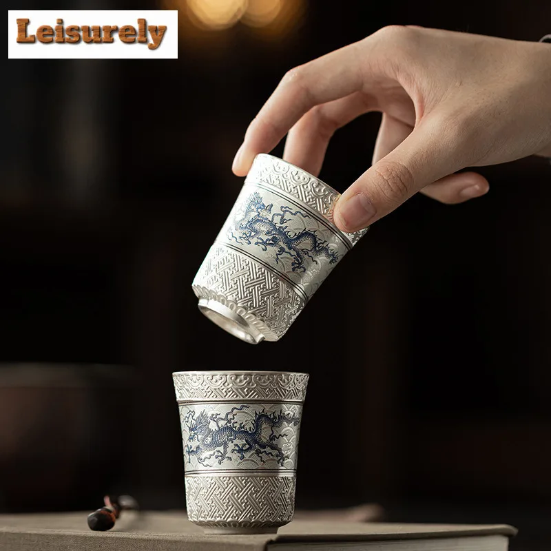 Gilt Silver Flying Dragon Teacup Japanese Tea Bowl Single Cups Tea-tasting Personal Cup Chazhan Master Cups Chinese Tea Set Gift