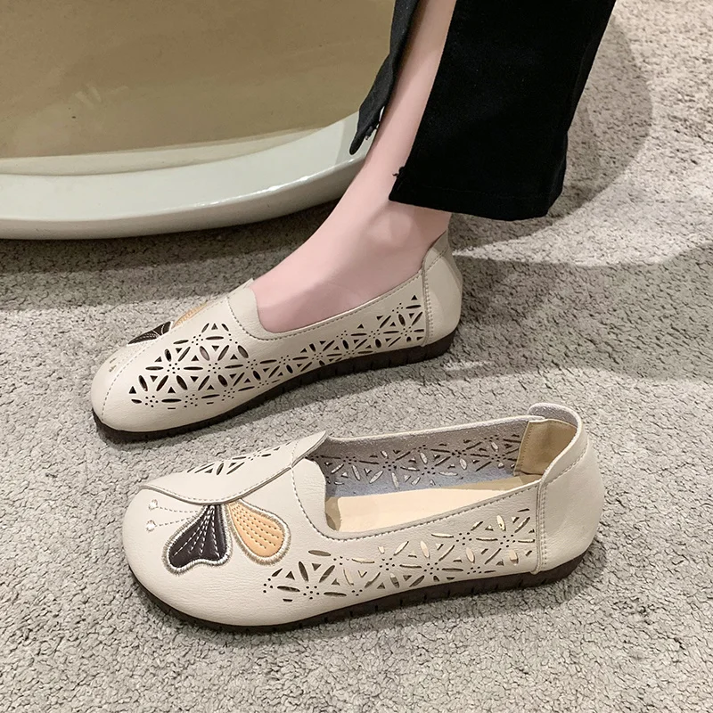 Female Handmade Leather Slip on Loafers Women Shallow Hollow Breathable Summer Flat Shoes Woman  Footwear 2023 New