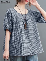 ZANZEA Summer Vintage Women Casual Loose Shirt Baggy Plaid Checked Tops Tunic Fashion O Neck Short Sleeve Blouse Blusas Chemise