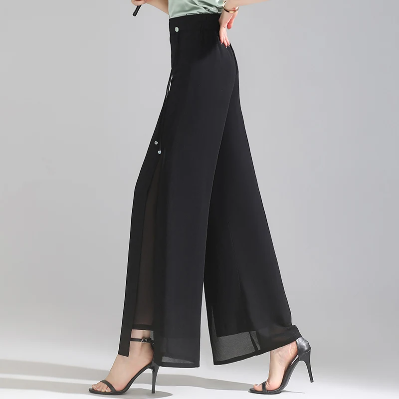 ZUZK Double Layer Chiffon Pants Fashion Slit Chiffon Pants Spring Summer Comfortable Elastic Waist Slim Chic Droop Pants