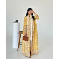 KAF Pleated Women Luxury Trench 2025 Spring Fall New Vintage Printed Cardigan Design Loose Large Size Arabian Female Abaya 6