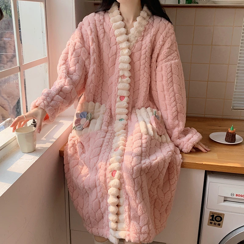 Women Sleepwear Sleepwear Pajamas Robes Women Solid Single Breasted Thick Loose Winter Warm Homewear Simple Leisure Lounge Popular College V-neck Feminino Cozy