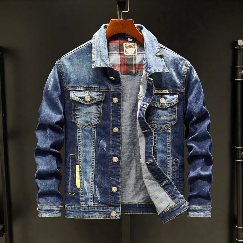 

Новинка 2023, Мужская джинсовая куртка, весна-осень, простое джинсовое пальто, Мужская джинсовая куртка с потертостями, цвет голубой, мужское повседневное пальто высокого качества