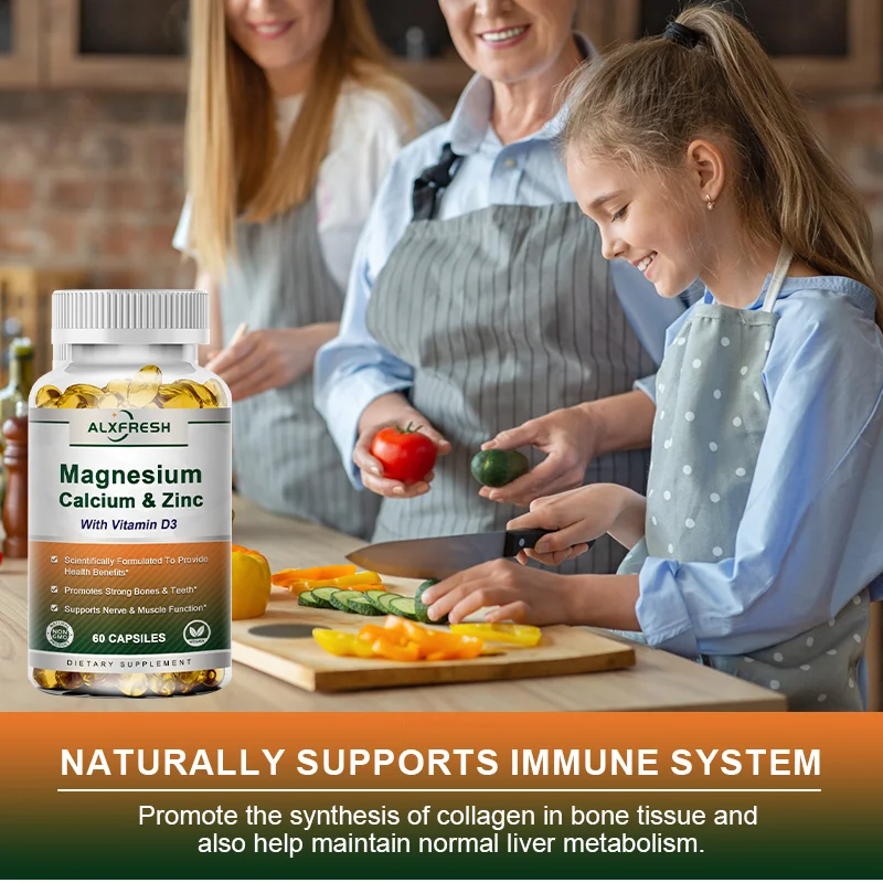 Alxfresh Calcium Magnesium Zinc & Vitamin D3 Capsules for Immune System, Bone, Nervous System Health Support | Non-GMO, Vegan