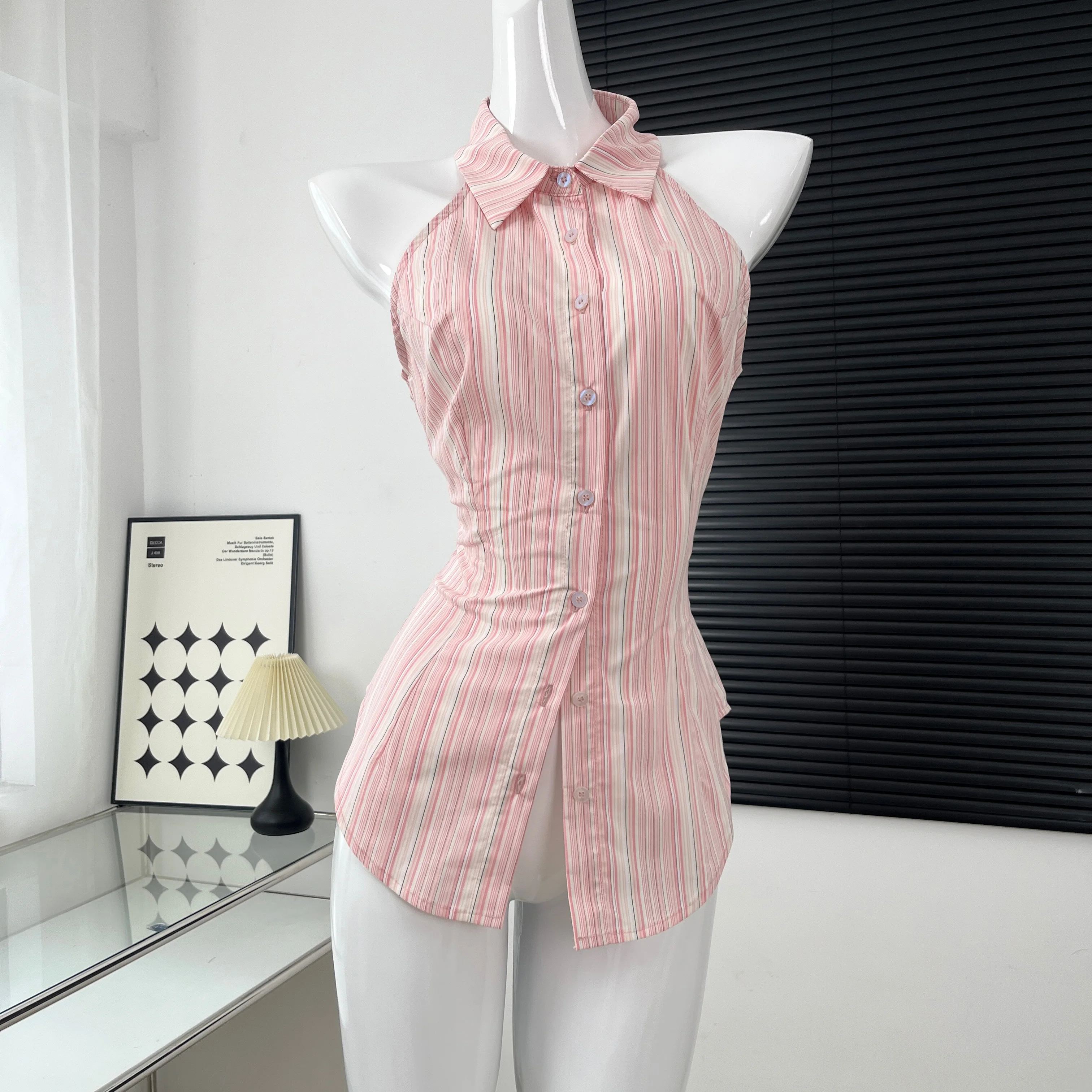 

Vintage Striped Shirts Women Korean Fashion Simple Sleeveless Turn Down Collar Blouse Office Lady Casual Loose Thin Tops