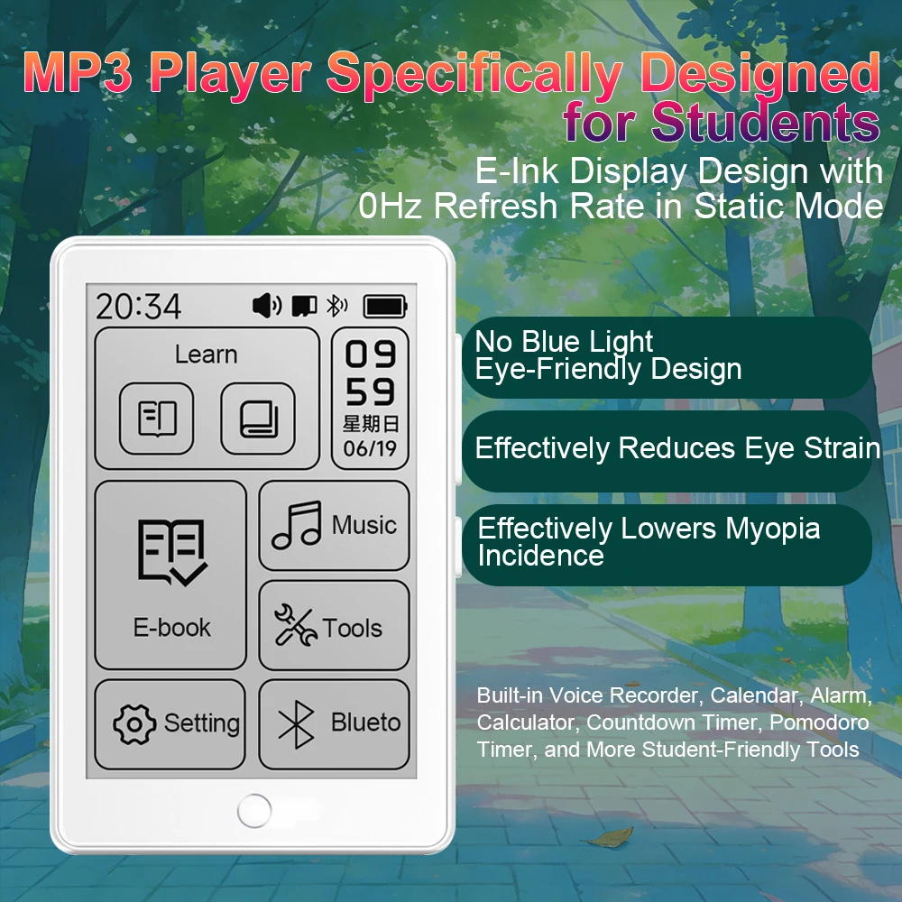E-잉크 스크린 MP3 플레이어 블루투스 5.4 미니 전자책 리더 블루투스 무블루라이트 눈 보호 학생 교실 녹음 기능