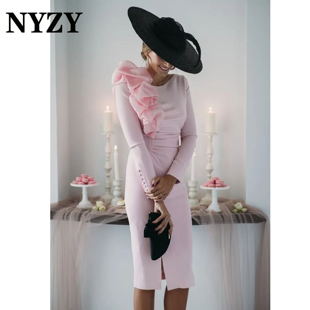 NYZY M311 Elegant Sheath Long Sleeves Pink Cocktail Dresses Wedding Party Evening Formal Gowns