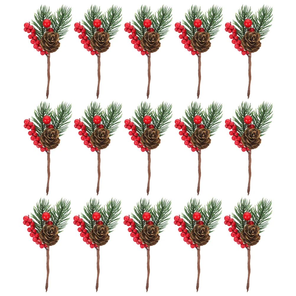 

15 Pcs Artificial Pine Cone Christmas Throws Red Berry Twig Stem Flower Decor Needles Picks Plastic Cones Branches Floral