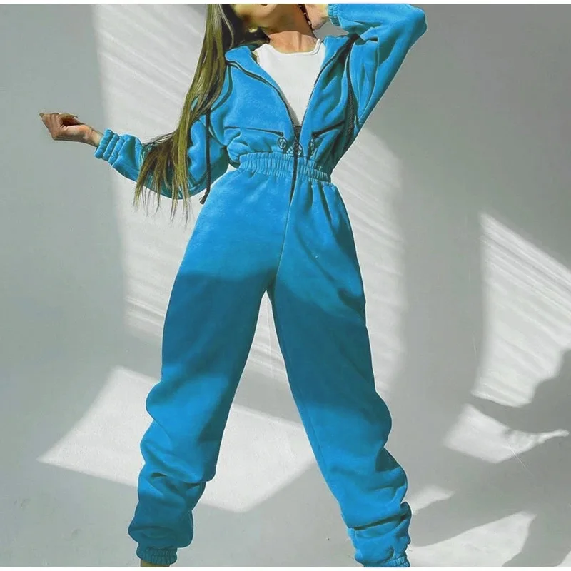 

Sports casual fashion women's solid color long sleeved hooded jumpsuit