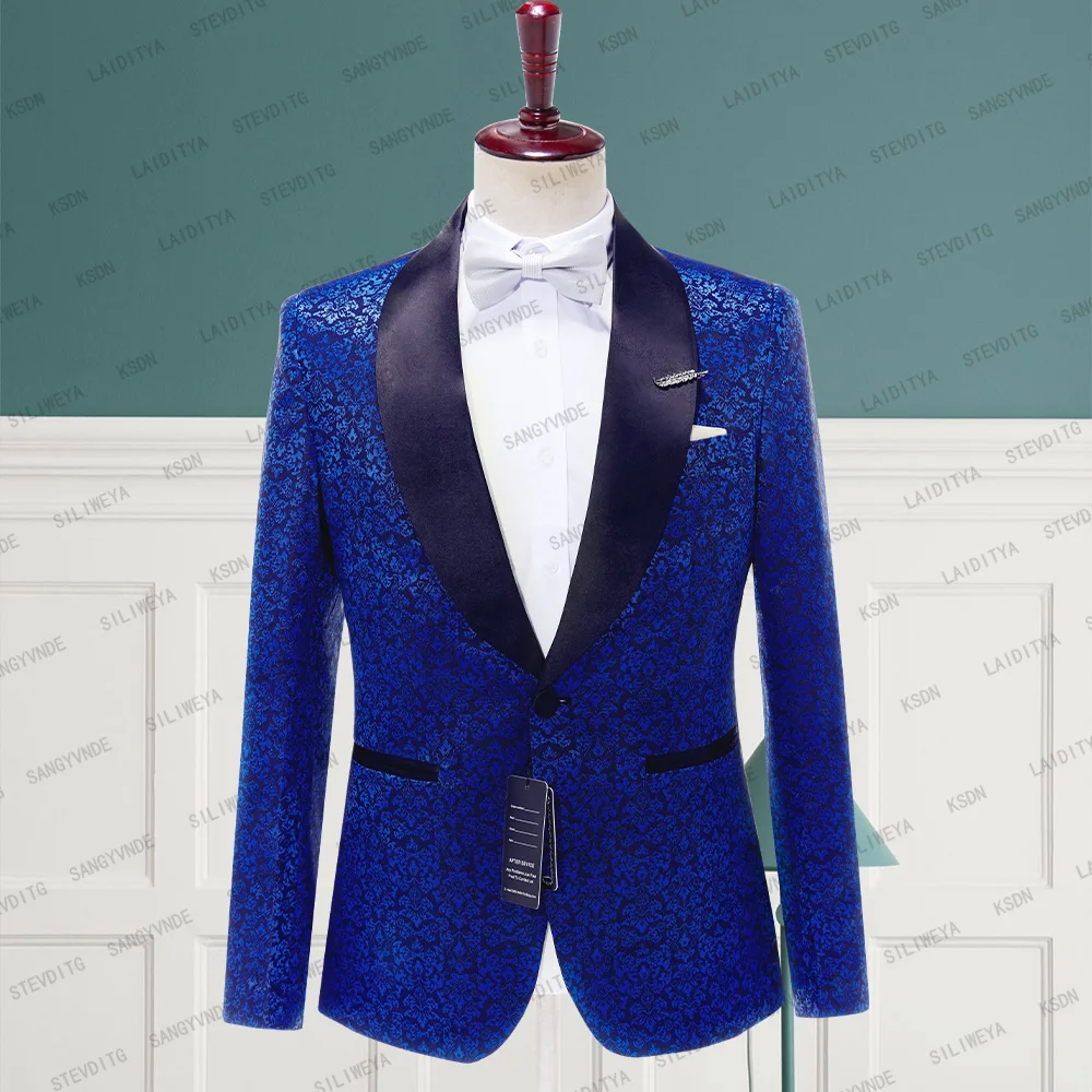Mens Black Floral Prom Blazer with Royal Blue Crystal Shawl Lapel – Slim Fit Fashion Jacket