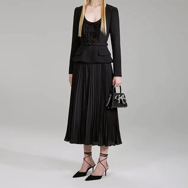 

Women Round Neck Slim Waist Stitching Pleated Midi Dress