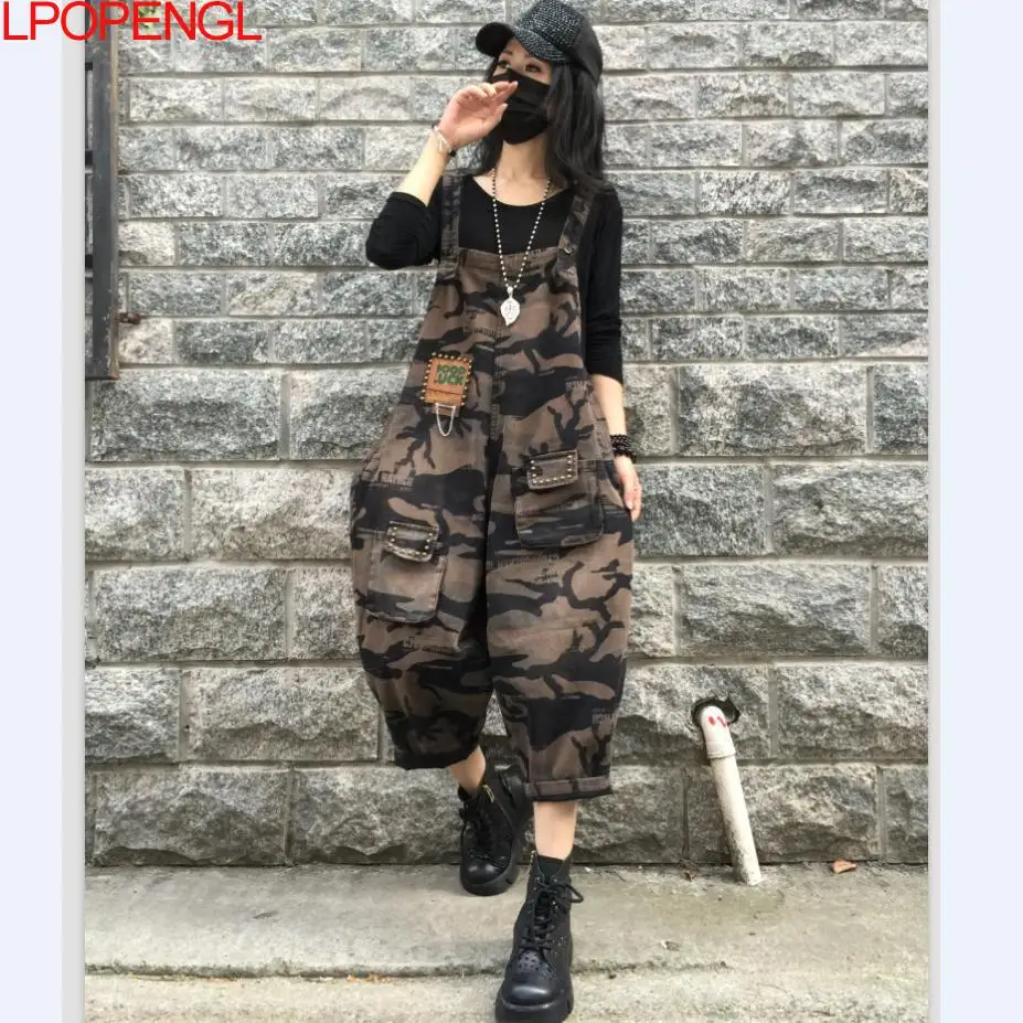 Fashion Retro Camouflage Denim Sleeveless Overalls Women's 2024 Spring Loose Casual Suspender Jumpsuit Streetwear Harem Pants