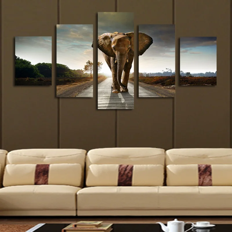 

Angel's Art 5pcs/Set Unframed Walking On The Road Elephant Modern Home Decor Canvas Painting