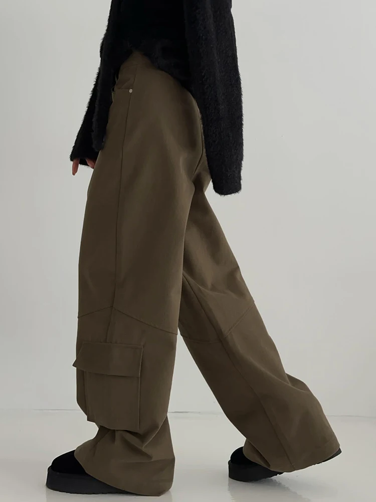 IAMSURE Safari Style Big Pockets Cargo Pants Casual Loose High Waisted Wide Leg Pants Women 2023 Autumn Spring Streetwear Ladies
