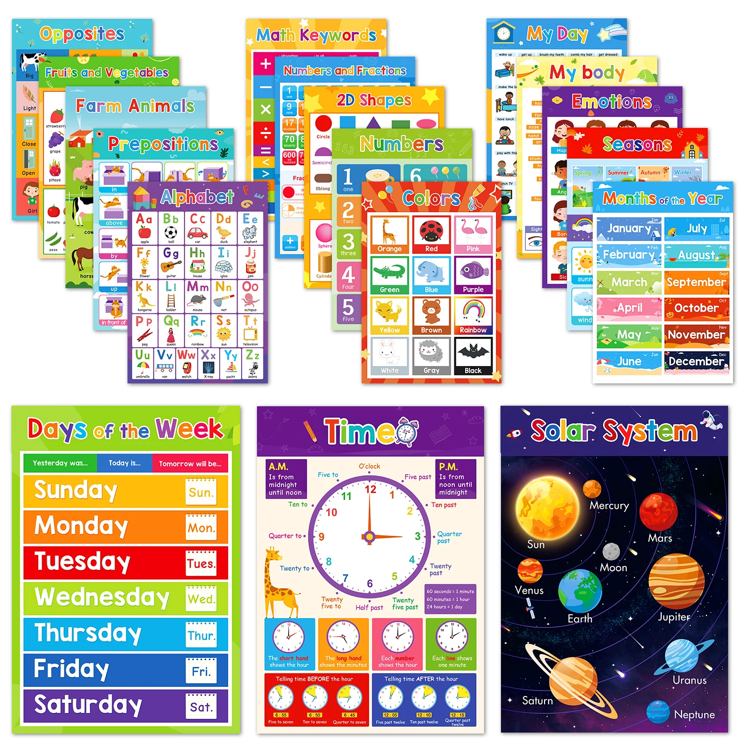 18 themes-kid English A3 Big cards abc letter / animal /  Numbers/weather Learning Chart Kindergarten Supplies Classroom Decor 2