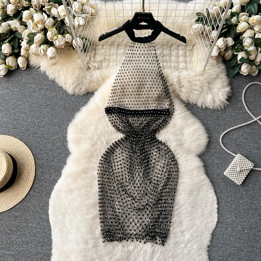 

Summer Sexy Hanging Neck Dress Hollow Out Bright Diamond Fish Net Open Back Design Feel Wrapped Hip Short Dress