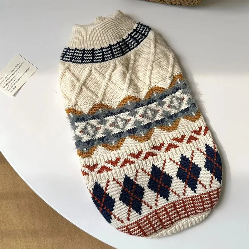 겨울 따뜻한 애완견 옷 레트로 강아지 스웨터 마름모 무늬 강아지 니트 터틀넥 ..