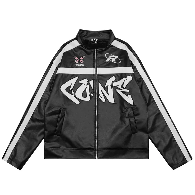

American Embroidery Letter Printing Standing Neck Motorcycle Jacket Men's Casual Loose PU Leather Coat Couple Street Hip Hop Top