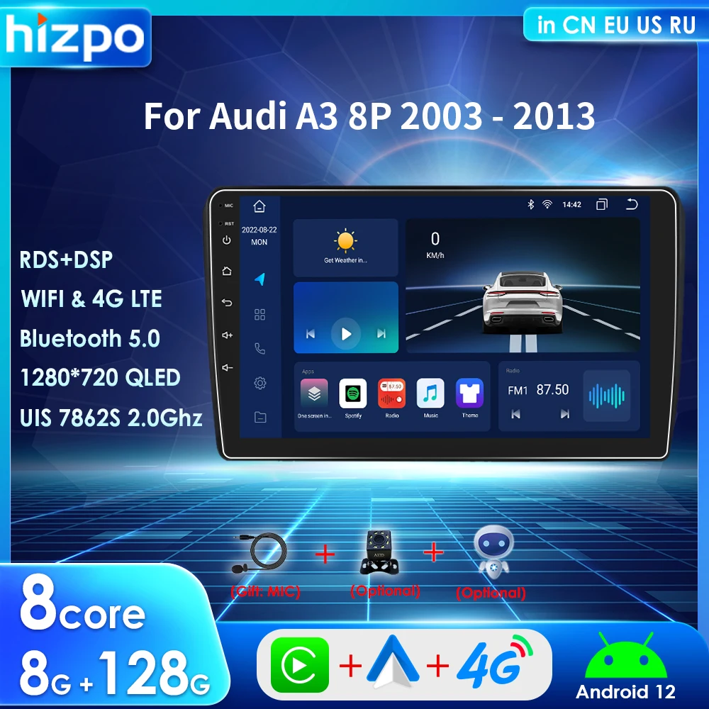 Hizpo Android 12 Carplay para Audi A3 8P 2003 2013 2 Din Car Radio