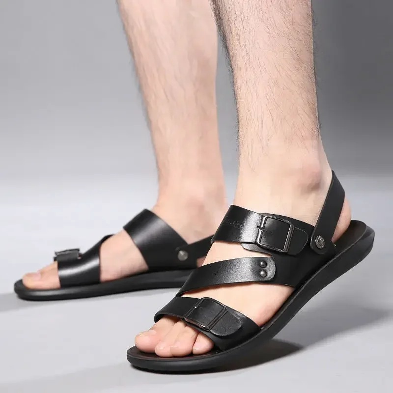 Men's Sandals Solid Color PU Leather Men's Summer Shoes Casual Comfortable Open Toe Sandals Soft Beach Shoes leather sandals,summer sandals