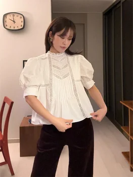 Women White Lace Patchwork Shirts Casual Round Neck Puff Short Sleeved Hollow Out Blouses 2026 Spring Lady Daily Commuting Tops 1