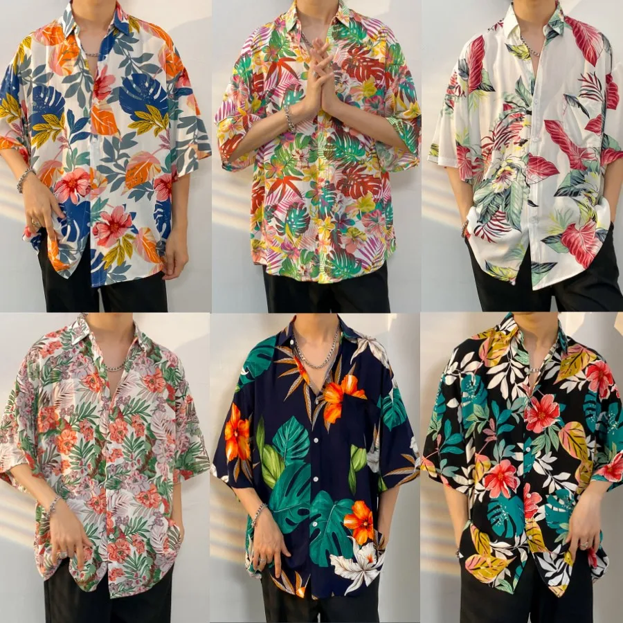 【26 Colors】 Hawaiian Beach Shirt-Animal Print 3/4 Sleeve-Cotton- Men\'s and Women\'s Seaside Tour Casual Vacation Flower Shirt