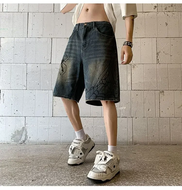 Korean Harajuku Spider Cobweb Print Denim Short for Men Y2k