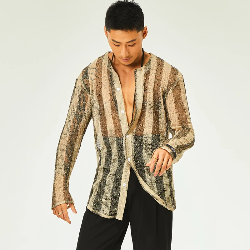 

New Latin Dance Tops For Men Hollow Stripe Loose Practice Clothes Chacha Rumba Tango Dress Adult Male Latin Costumes DQS16335