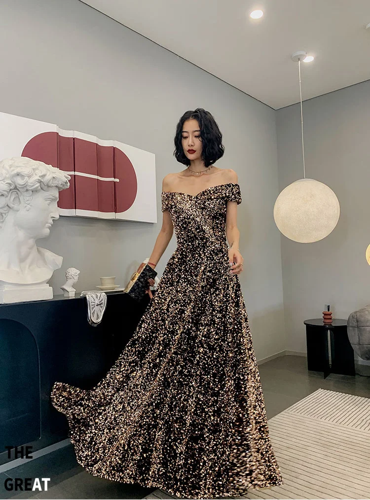 Elegant Off The Shoulder Evening Dresses 2021 A-line Floor-length Sparkly Sequined Women Formal Gowns For Prom evening dresses for weddings