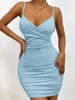Fairyshely Sexy Ruffle Deep V Short Club Dress Ladies 2025 Summer Blue Bodycon Dresses Evening Party Tight Mini Dress