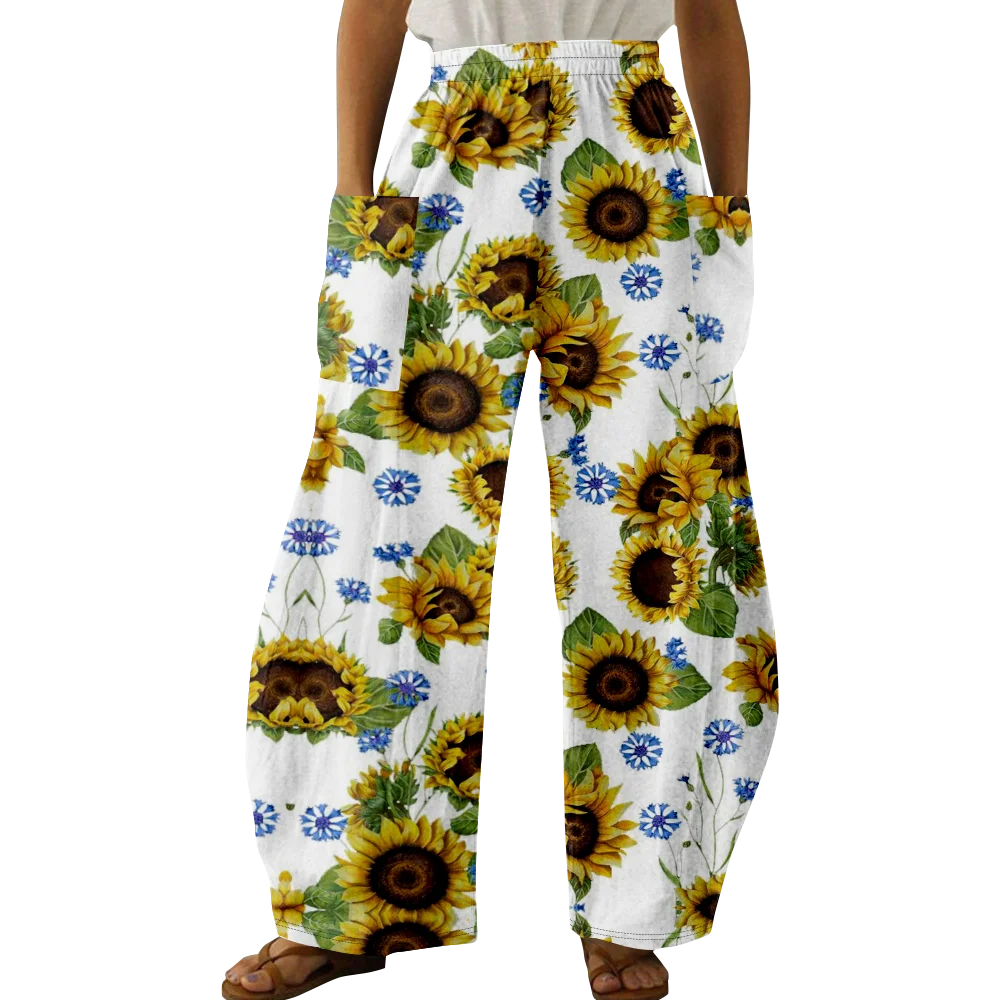 Spring Stylish Sunflower Pants Summer Casual Trousers Women Harajuku Y2K Trousers Loose Pants Pocket Wide Leg Pants Pantalon