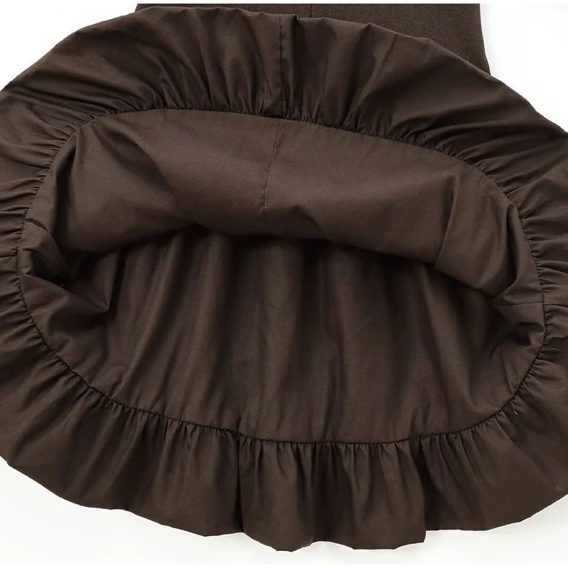 Elegant Pleated Mini Dress Women Brown O-Neck Sleeveless A Line High Waist Party Dresses Fashion Casual New Zipper Robes