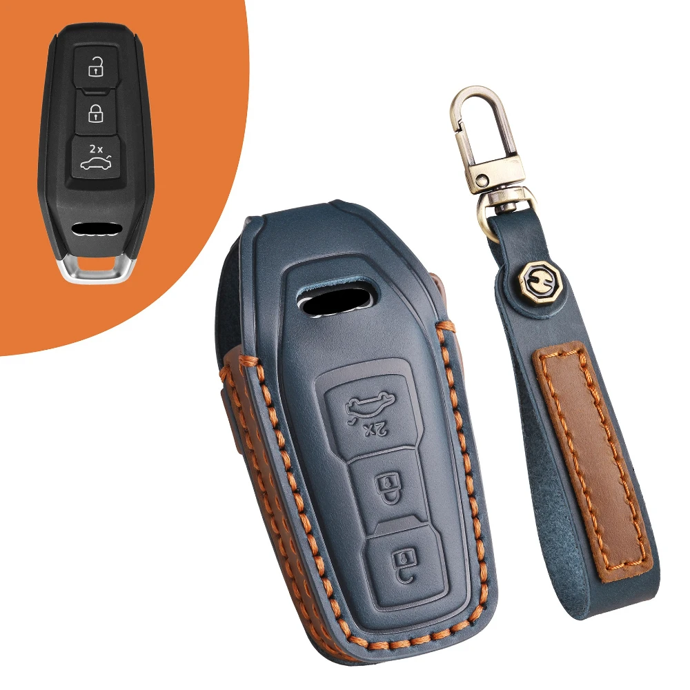 Premium Full Grain Leather Key Fob Cover with Detachable Strap and Anti-Scratch Protection