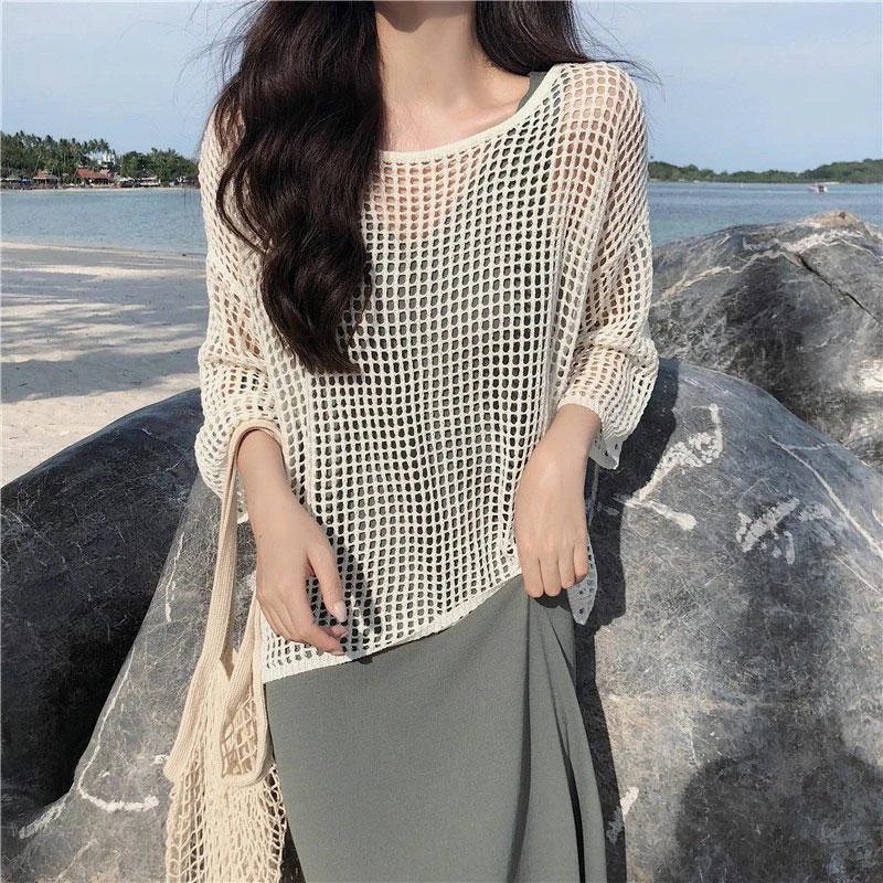 여성용 플러스 사이즈 니트 풀오버, 할로우 아웃 상의, 아이스 실크 니트웨어 스웨터, 자외선 차단 티셔츠, 패션 티, 4xl, 90kg, 여름 신상