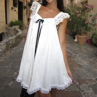 Cute Ribbon Bow Square Collar Sleeveless Short Dress Lace Trimmed Babydoll Mini Dress Fairycore Y2k Cute Women A-line Dress