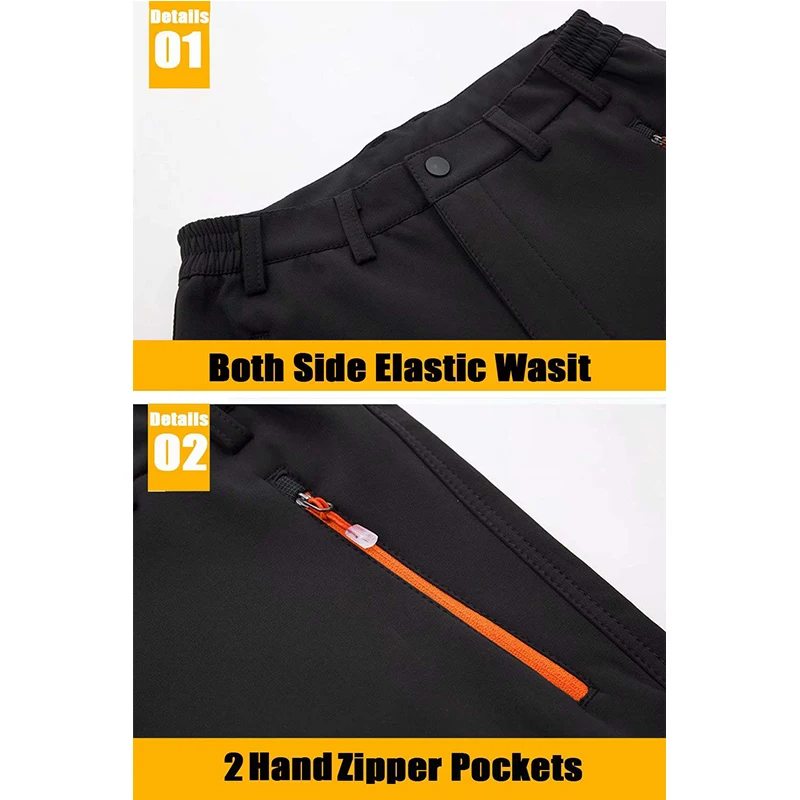 Men's Fleece Snow Ski Pants Windproof Shell Hiking 4 Zipper Pockets Winter Waterproof Trousers